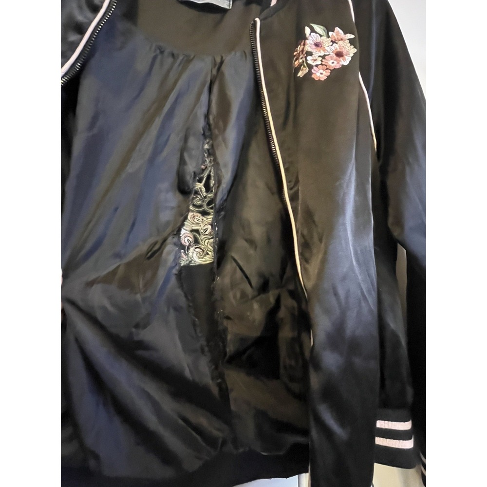 Black Satin Embroidered Peacock Cherry Blossom Bomber Jacket XL Ashley Coquette - Picture 9 of 11